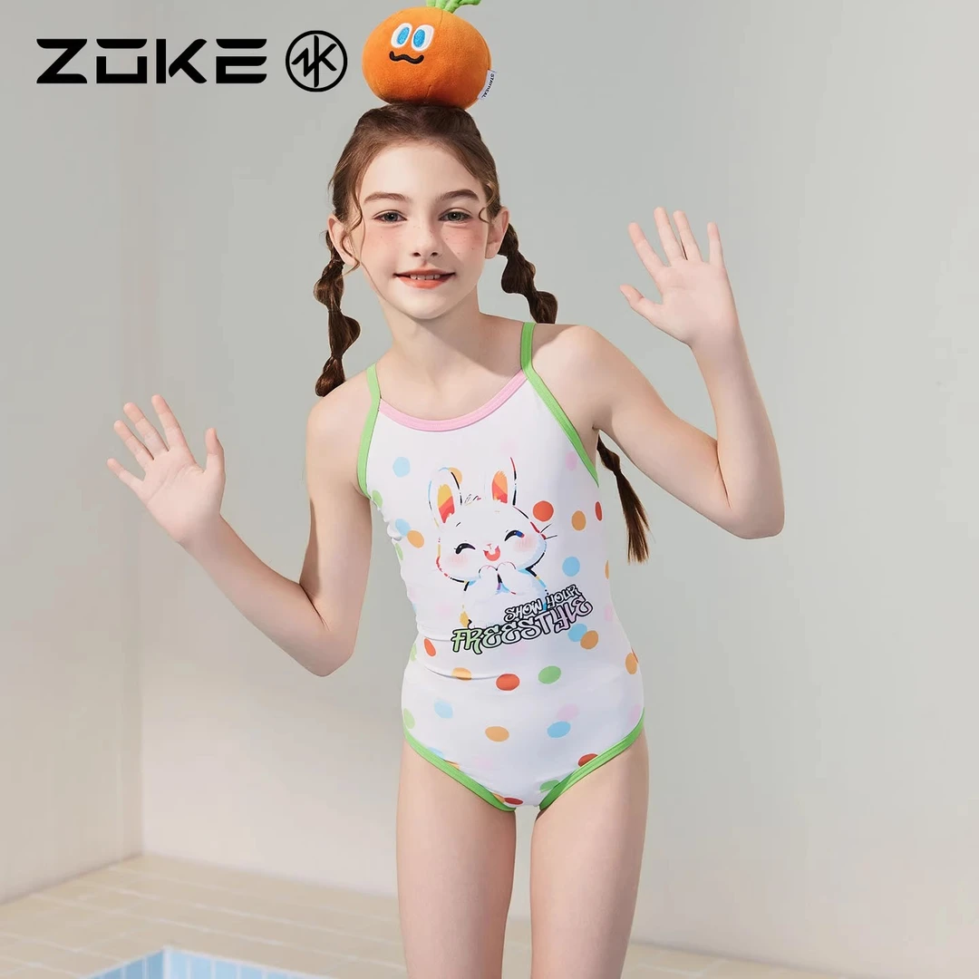 洲克儿童泳衣连体三角专业游泳训练zoke女孩速干竞速比赛可爱泳装