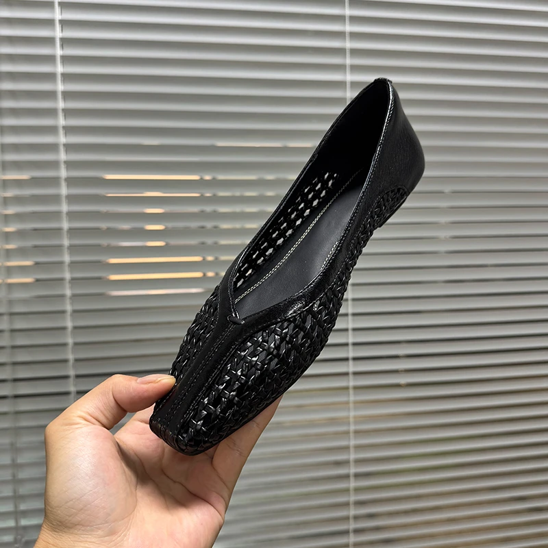 3cm/粗跟编织单鞋女百搭透气夏季女鞋舒适方头软底软面浅口鞋子女