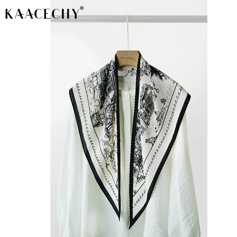 女士高级感披肩女款爆款2025新款时尚百搭真丝双绉素描画三角丝巾