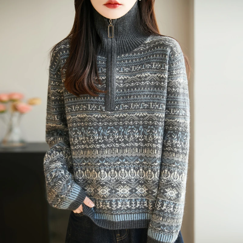 女长袖提花女士宽松薄款打底毛衣秋冬宽松时尚加厚保暖