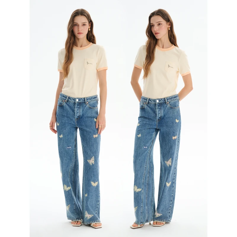 YMAIMAI樱桃奶酪  夏季新品简约圆领正肩字母印花撞色T恤+喇叭裤