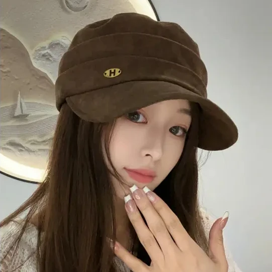 金标软麂皮绒平顶帽秋冬新款褶皱休闲百搭显脸小马术帽韩版贝雷帽