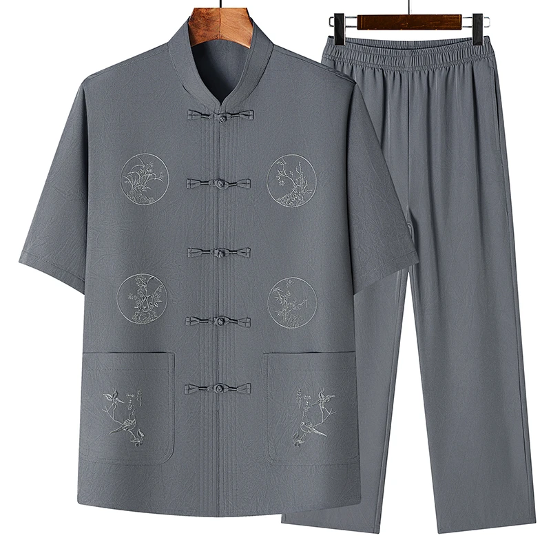 宽松纯色夏季男爷爷装短袖薄款中式唐装