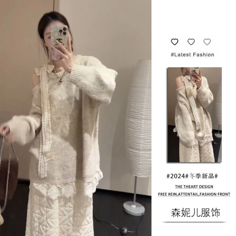 法式温柔风蕾丝拼接露肩毛衣女秋冬新款宽松慵懒针织衫休闲裤套装