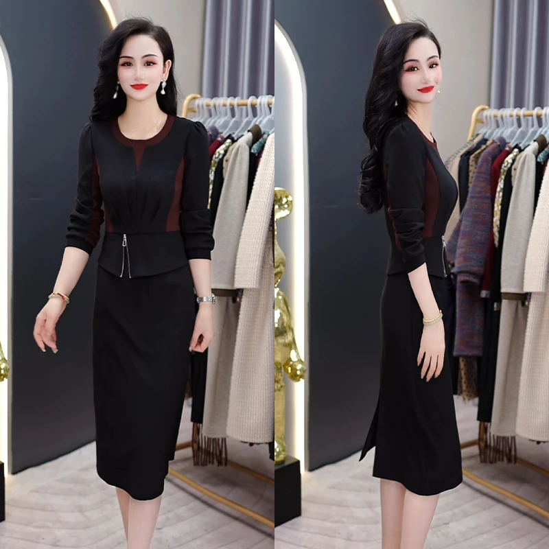 2025新款职场轻职风拼接撞色设计感拉链优雅女人味连衣裙长袖秋季