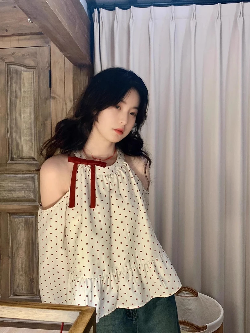 法式甜美蝴蝶结印花长袖衬衫女春装新款气质宽松短款挂脖露肩上衣