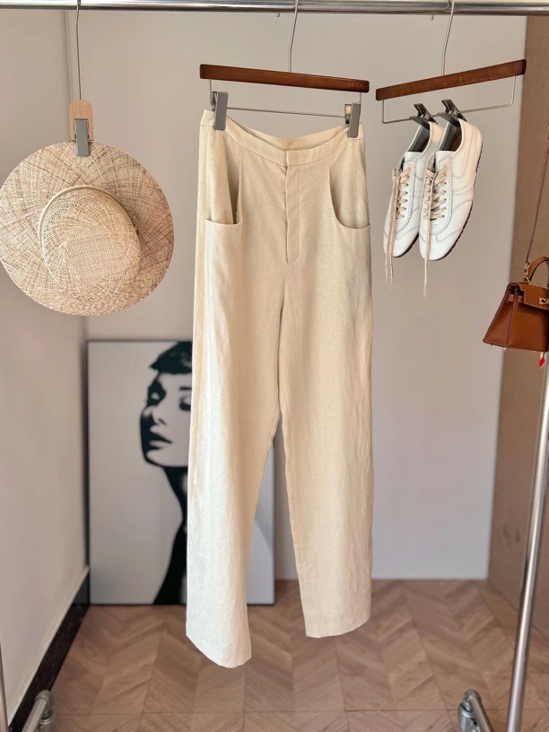 极简亚麻弯刀裤春夏新款