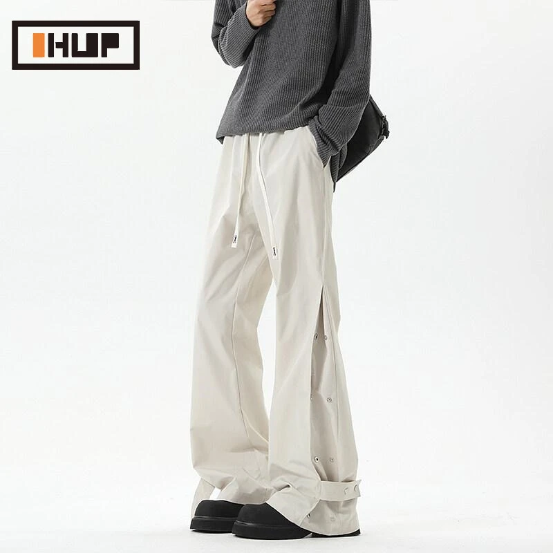 米白色美式软壳冲锋裤男款防水排扣工装裤子设计感小众直筒微喇裤