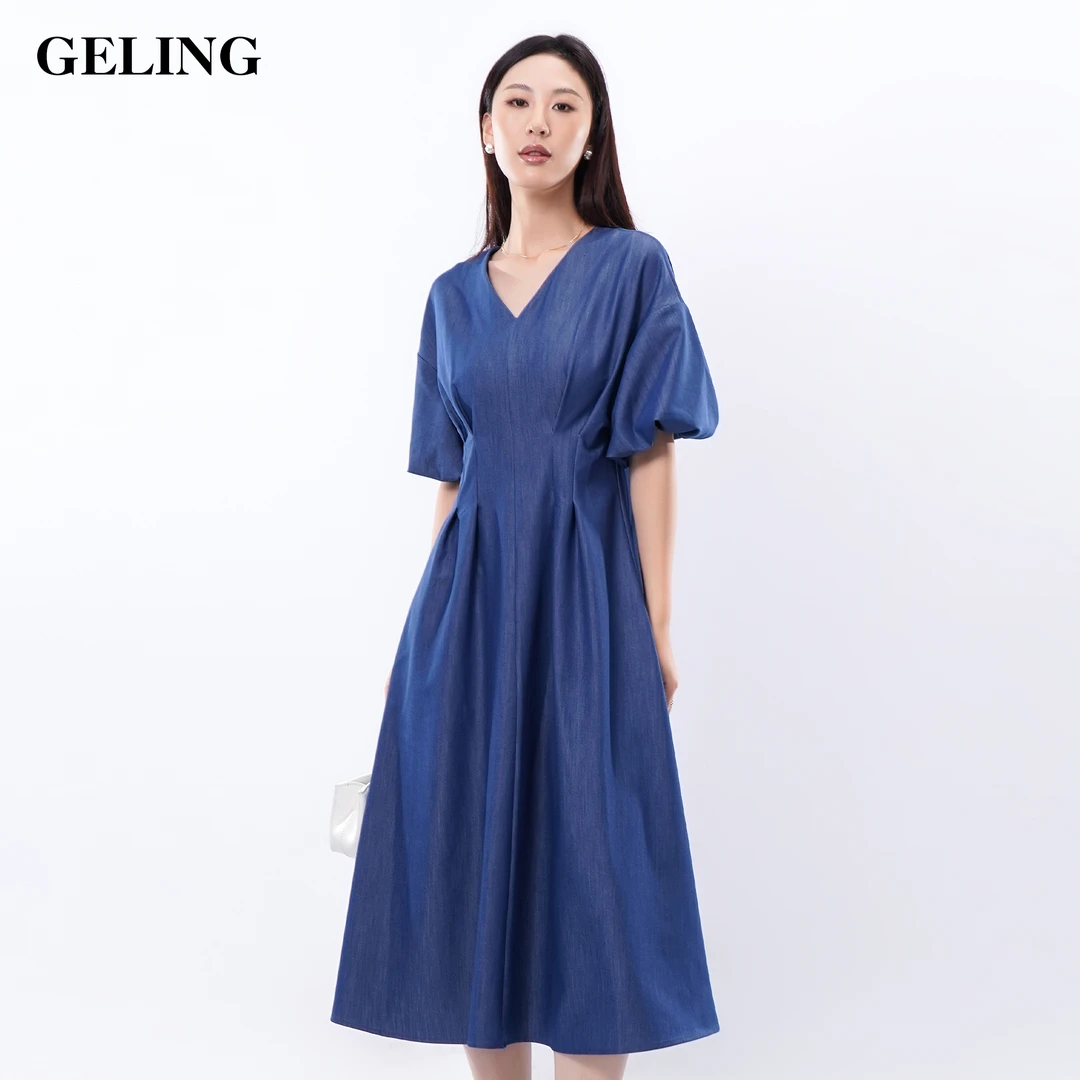 GELING/歌&玲V领褶皱气质显瘦休闲复古收腰纯色连衣裙G504L355L