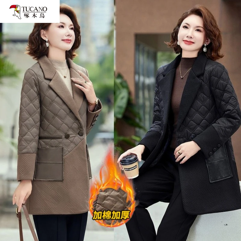 中老年衣女中长款秋冬新款洋气质时尚棉服夹棉拼接毛呢外套