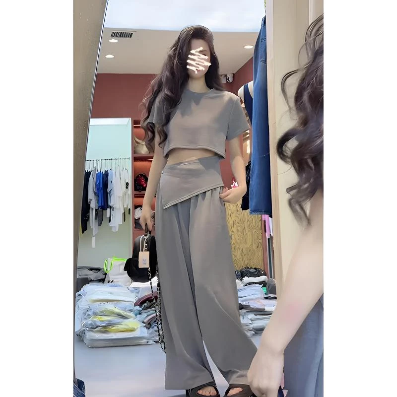 2025新款夏季高级感时尚气质黑色短袖T恤上衣百搭阔腿裤两件套女
