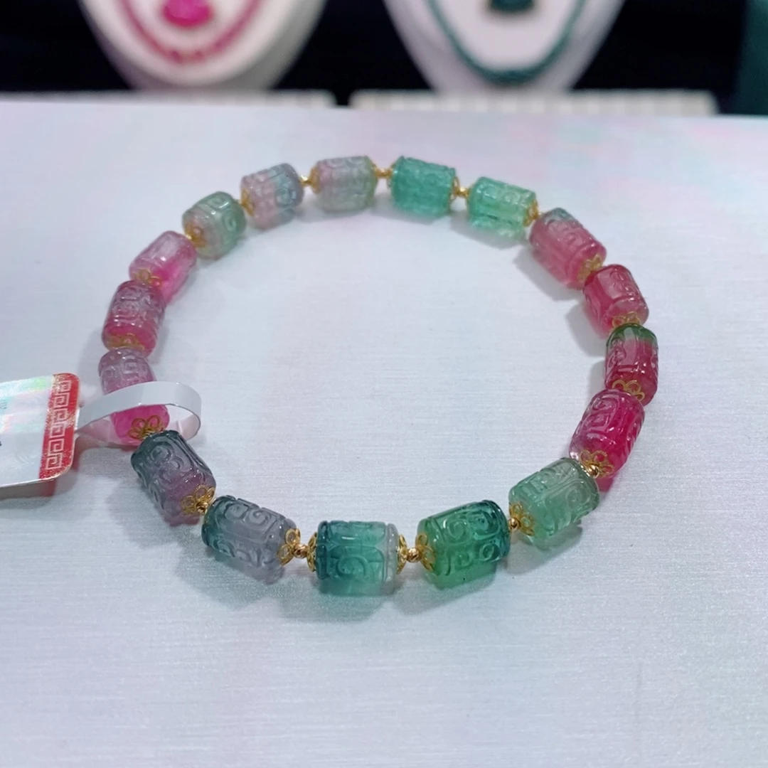 18K金镶嵌手链碧玺回纹桶珠手链yy