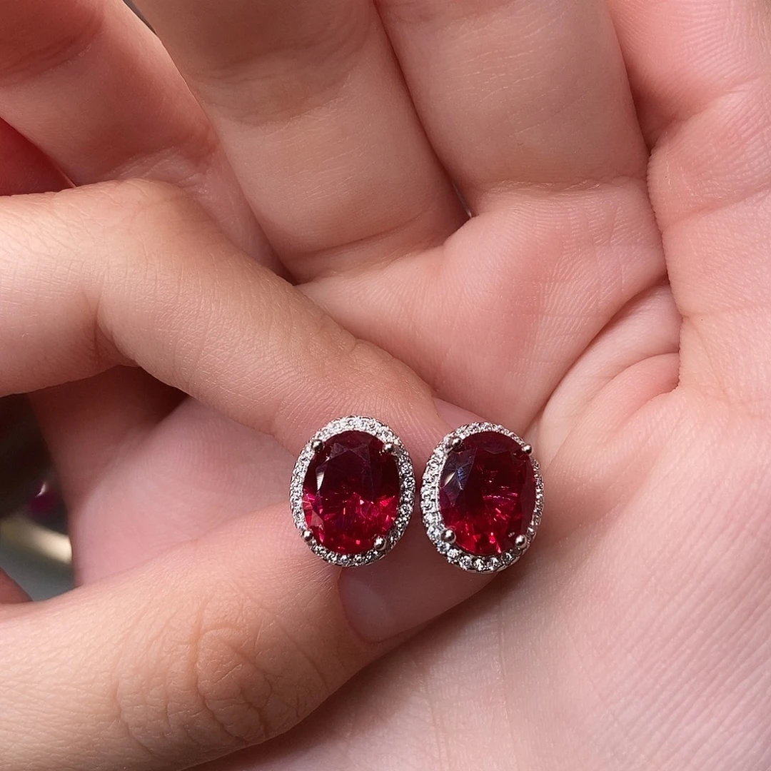 红宝石耳饰银S925镶嵌