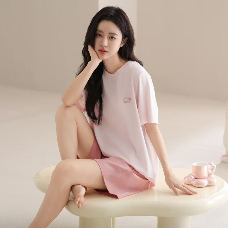芬腾睡衣女夏季薄款短袖短裤夏天宽松透气大码圆领简约情侣家居服
