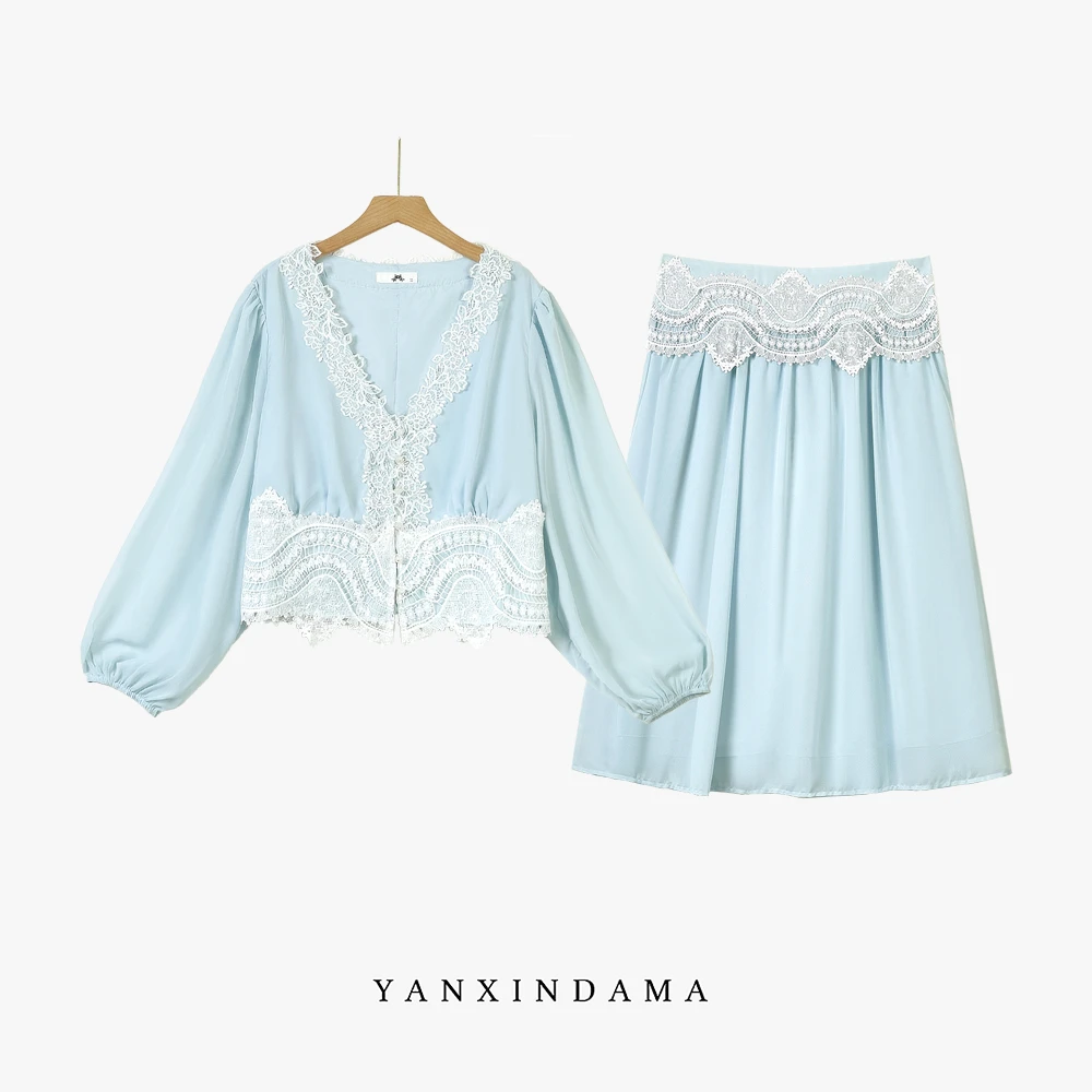 大码女装300斤胖MMV领上衣高腰半身裙蕾丝拼接套装30019