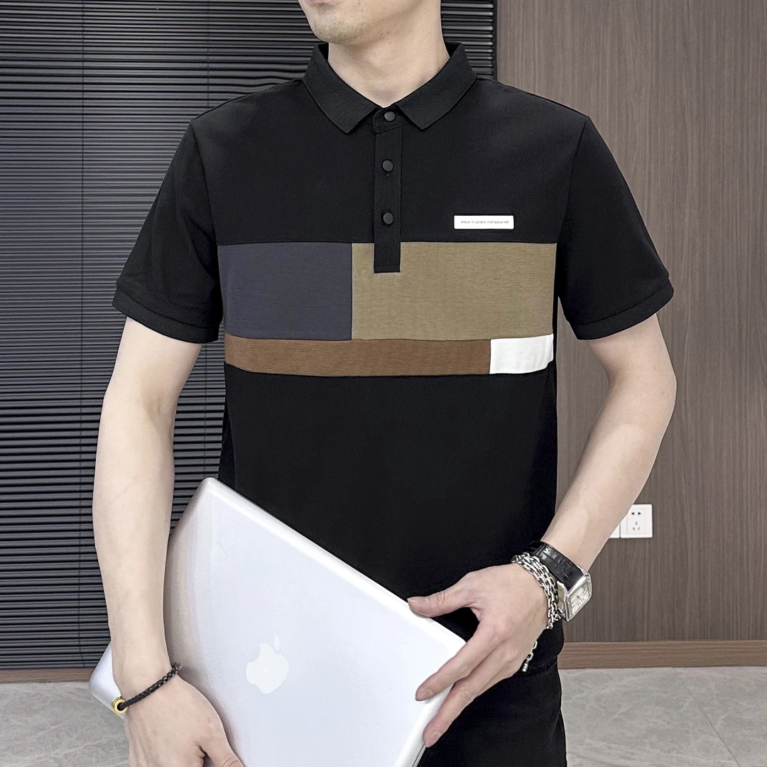 业速2025夏新款拼接撞色翻领时尚潮流POLO衫男高级感透气短袖T恤