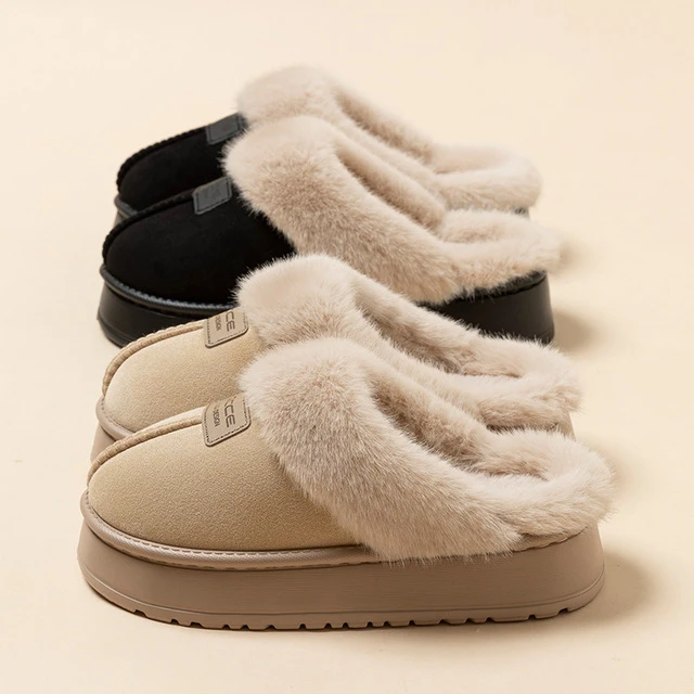 秋冬季毛毛厚底情侣棉拖鞋女加绒保暖居家室内家用防滑男家居地板