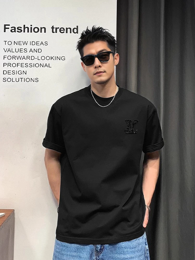 【高奢男装】T2086夏季重磅刺绣时尚潮流短袖宽松潮牌轻奢痞帅男装