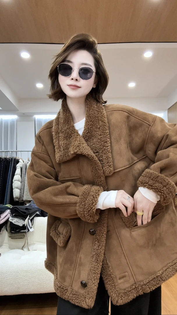 月月 2025秋冬新款小众设计极简棕色皮毛拼接百搭外套 2511C7567