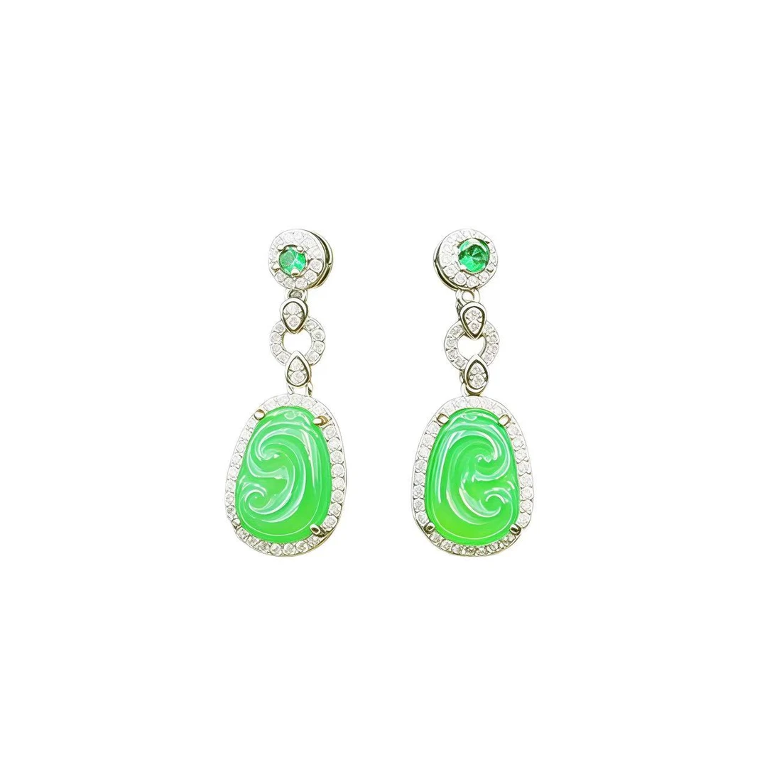 翡翠满色高冰绿如意耳饰F982