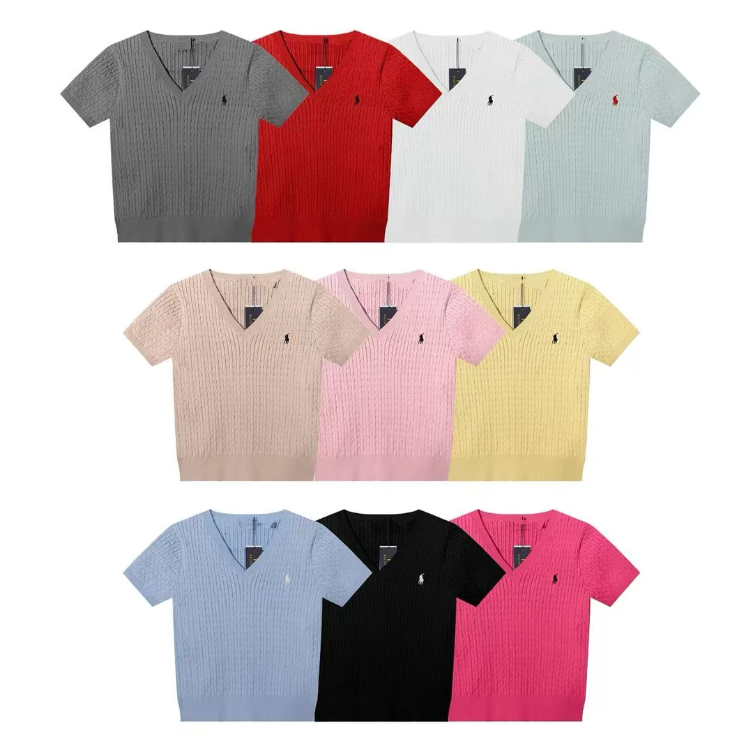 【MISSLI专属】-L38夏季小马刺绣绞花针织V领短袖