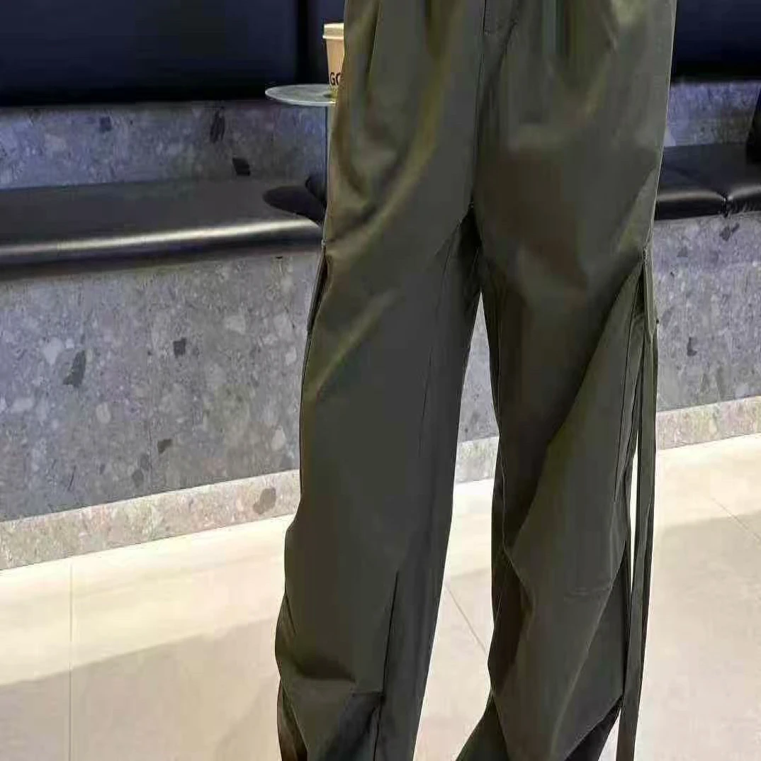 【BAI】蕾丝花边拼接工装裤女宽松阔腿裤高腰直筒长裤051