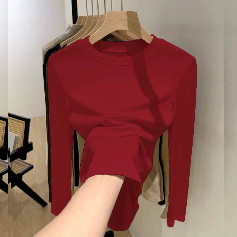 圆领纯色打底衫女秋冬内搭原宿风修身长袖t恤别致简约正肩上衣女