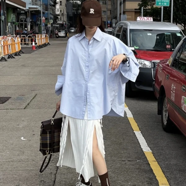 2025新款连衣裙女宽松简约蓝色衬衣+套装感开叉气质半身裙两件套