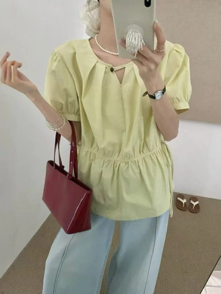 韩版一粒扣小v领绑带短袖小衫81662  衣长60