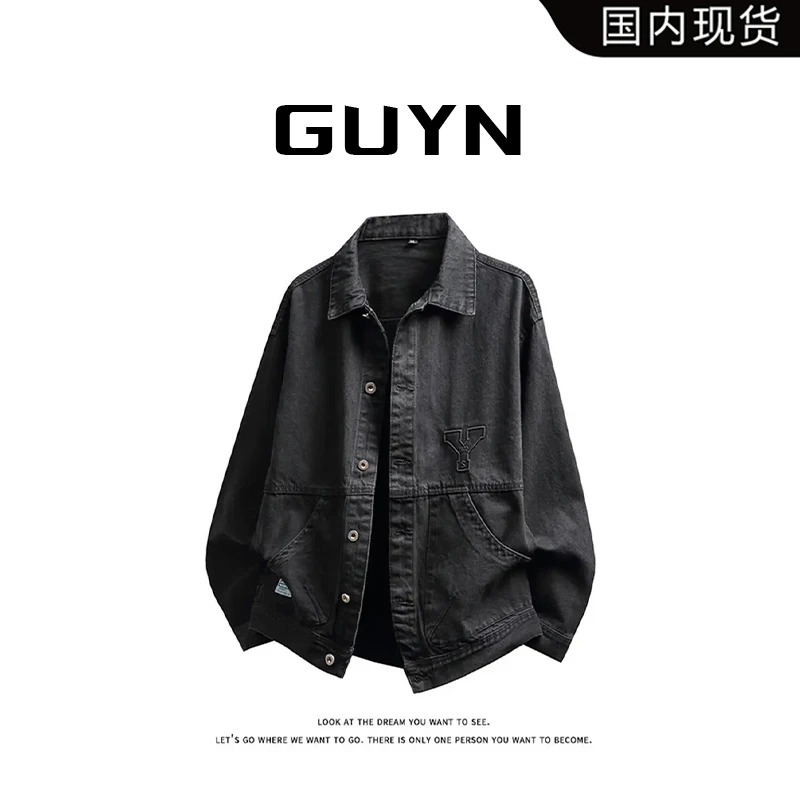 【品牌现货】GUYN黑色工装牛仔外套男春秋宽松休闲美式水洗做旧夹克