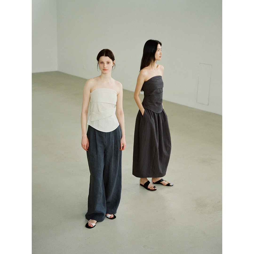 REWEAR/私服力荐 纸感肌理环保不对称褶皱显瘦抹胸半裙套装15014