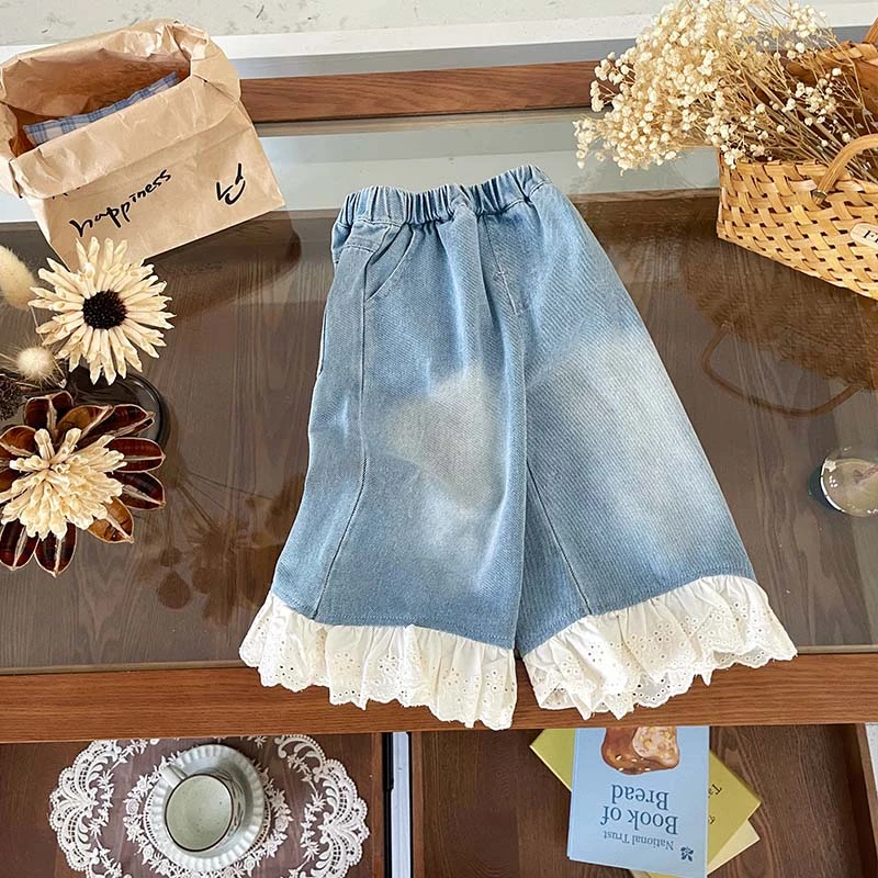 【现货】QK252133秋季新款女童牛仔裤女宝花边脚口休闲裤儿童秋款