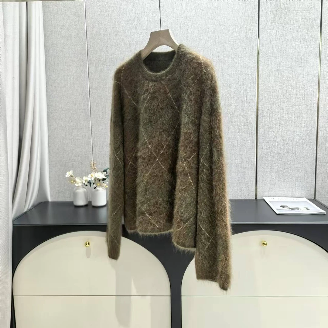 3443设计款菱格提花花纱渐变拉绒山羊绒套头衫