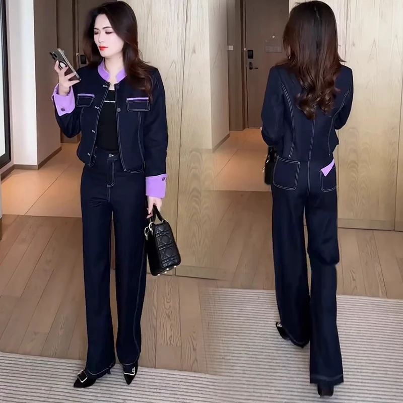 休闲牛仔套装女2025春秋新款洋气减龄拼接短外套阔腿裤时尚两件套