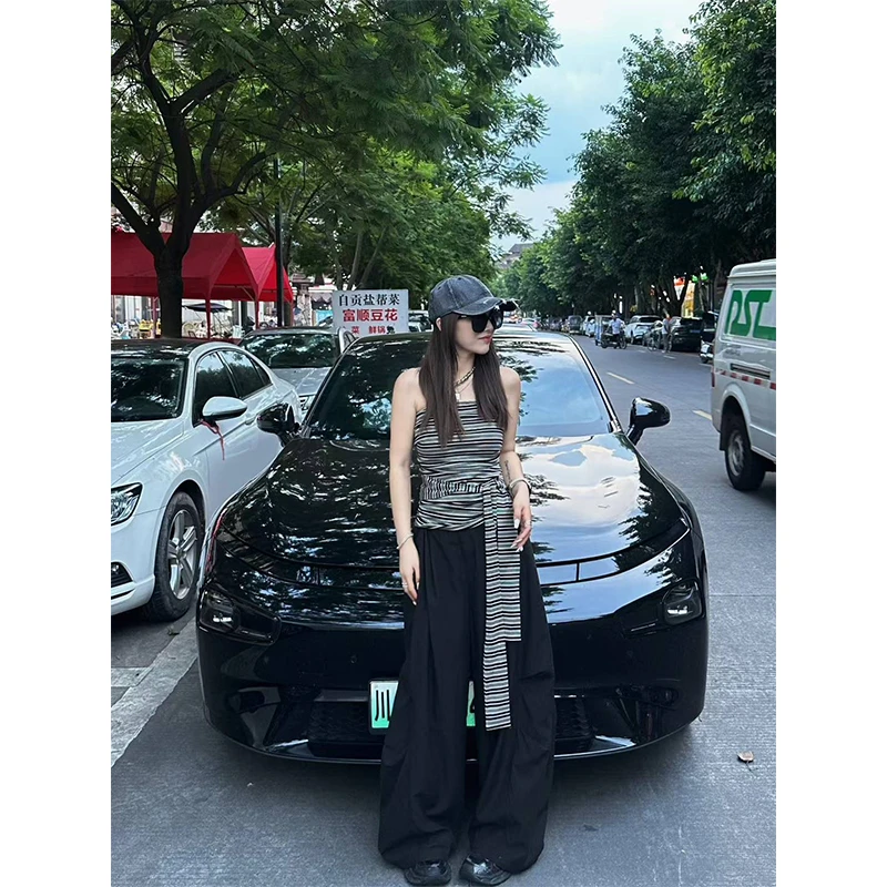 复古条纹系带抹胸吊带背心修身美背无袖上衣直筒宽松休闲阔腿裤女