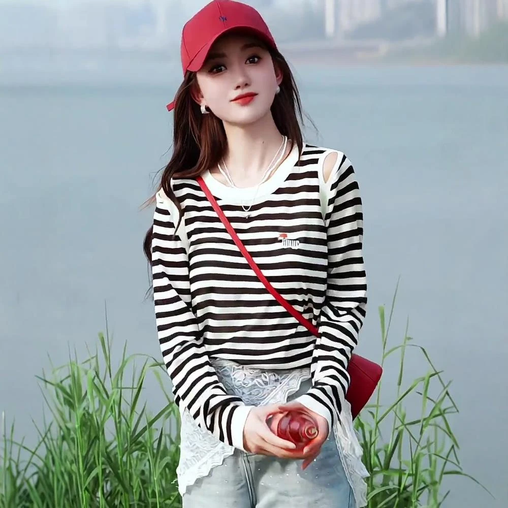 冰丝薄款条纹针织衫女2025新款夏季宽松防晒罩衫设计感露肩上衣女