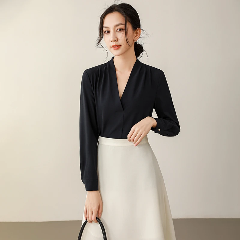 常规薄款V领通勤风衬衣商务通用衬衫时尚气质长袖气质显瘦时尚