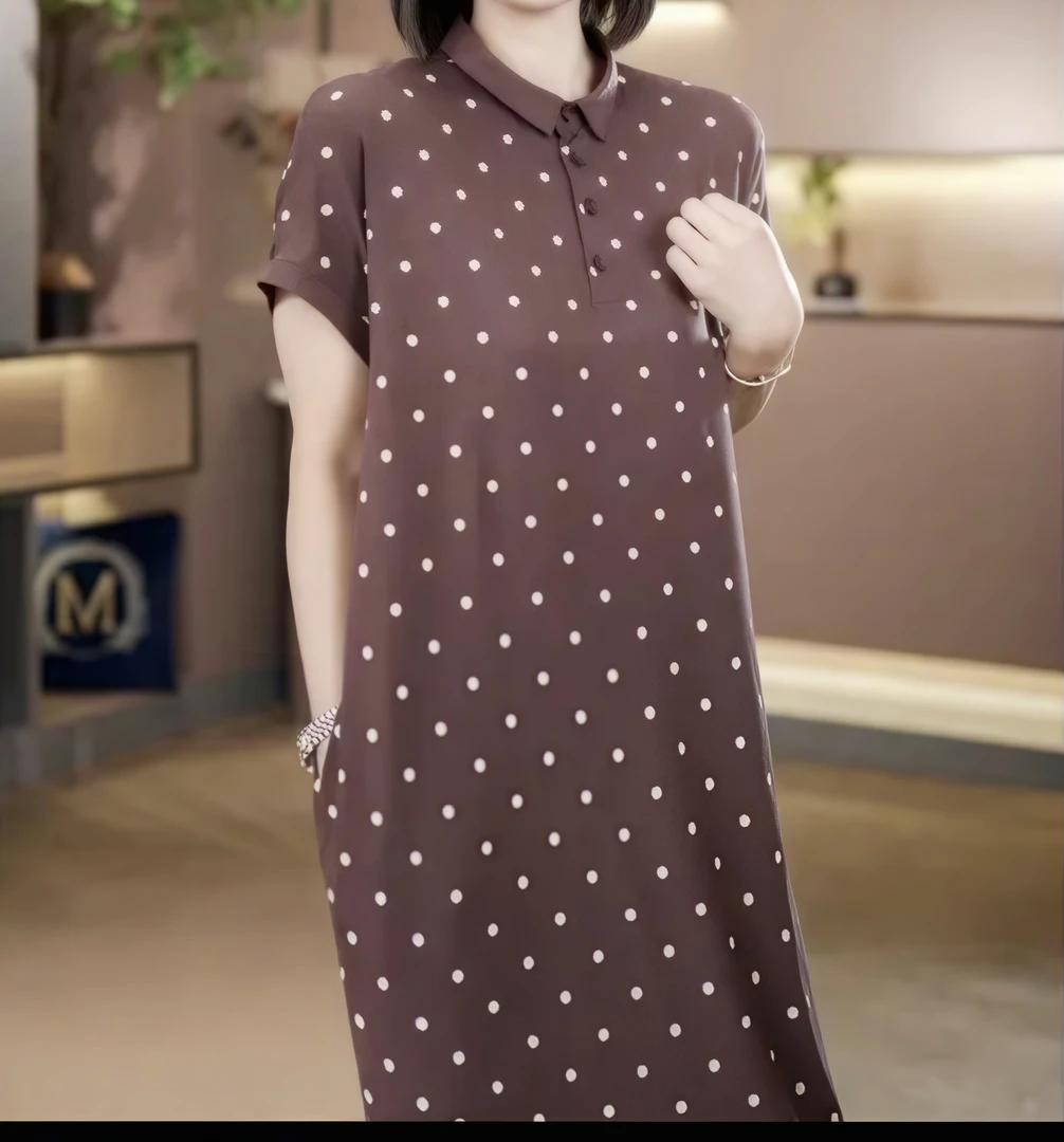 （美田定制）夏季季中长款波点翻领宽松百搭短袖舒适连衣裙