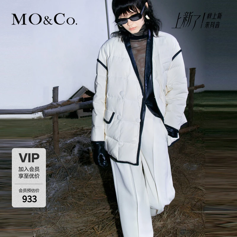 MOCO冬防寒撞边方格纹双排扣V领羽绒服MBC4EINT07