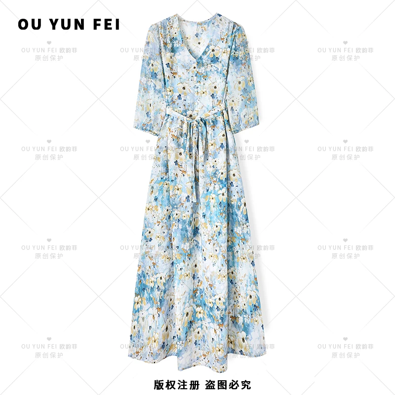 高级感连衣裙女新款气质显瘦穿搭时尚洋气印花长裙AQ1022