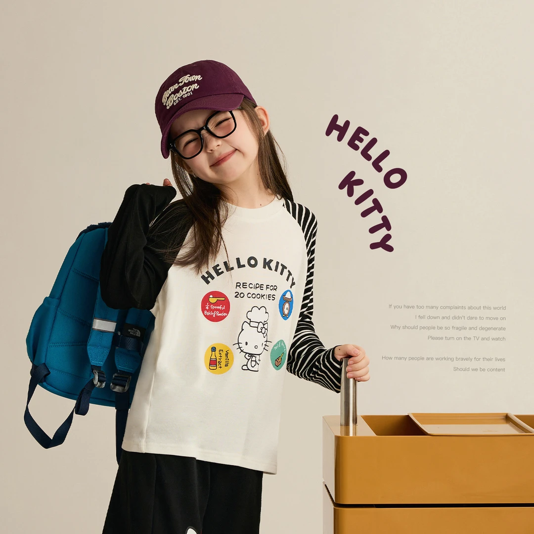 辰辰妈【厨神小猫】女童撞色正版kittyT恤儿童条纹插肩袖上衣8392XH