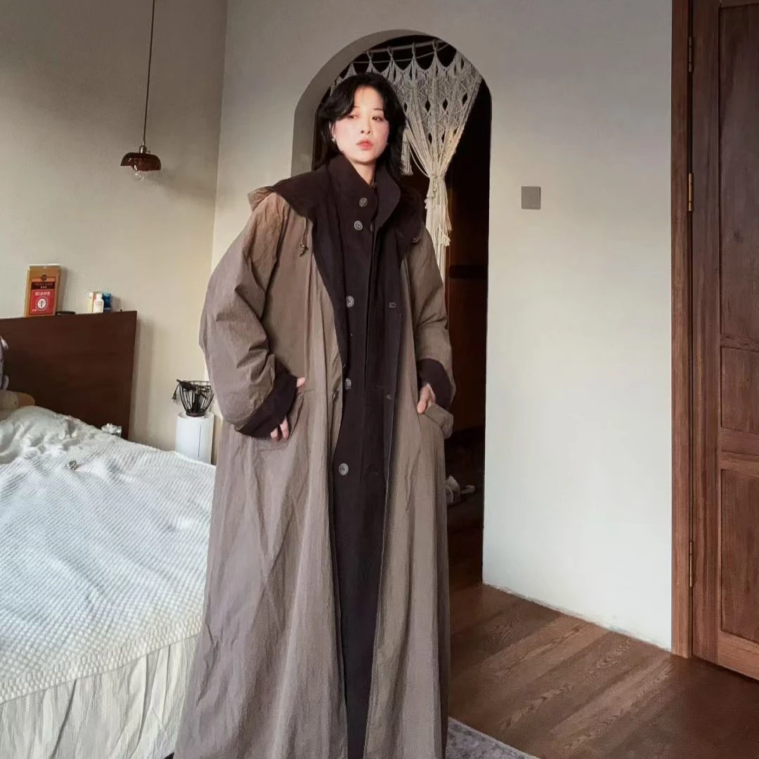 伦敦/咖色连帽长款风衣