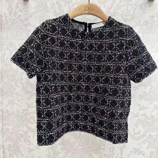 黑色格子提花短袖毛衣