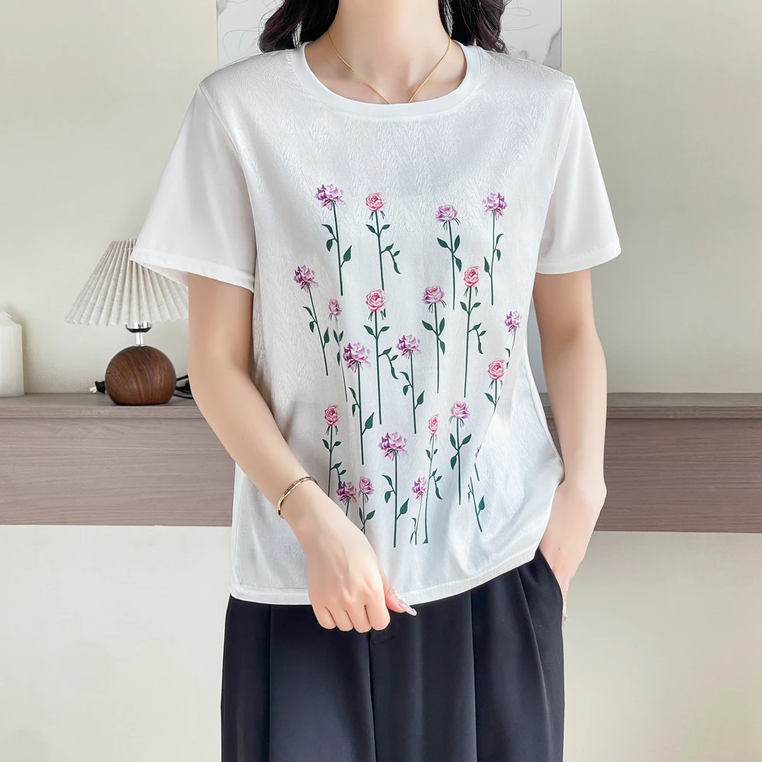 1248夏滑缎面冰凉感百搭时尚印花休闲女半袖T恤洋气AB拼接短袖