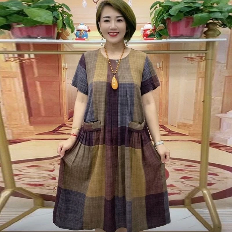 中老年高档连衣裙圆领优雅大码女装显瘦遮肚子加肥加大时尚连衣裙
