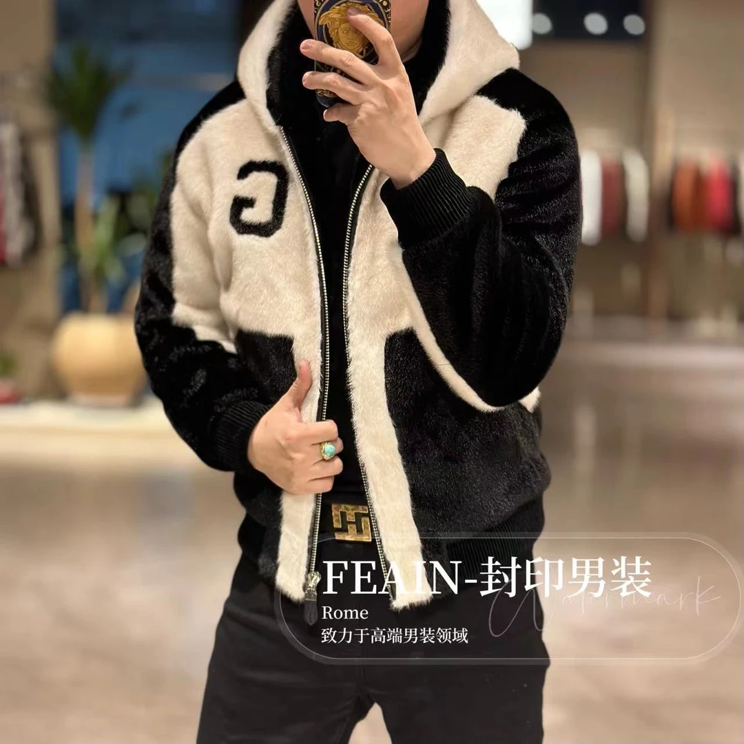 高端定制全手工立体拼接工艺连帽毛绒夹克外套25125