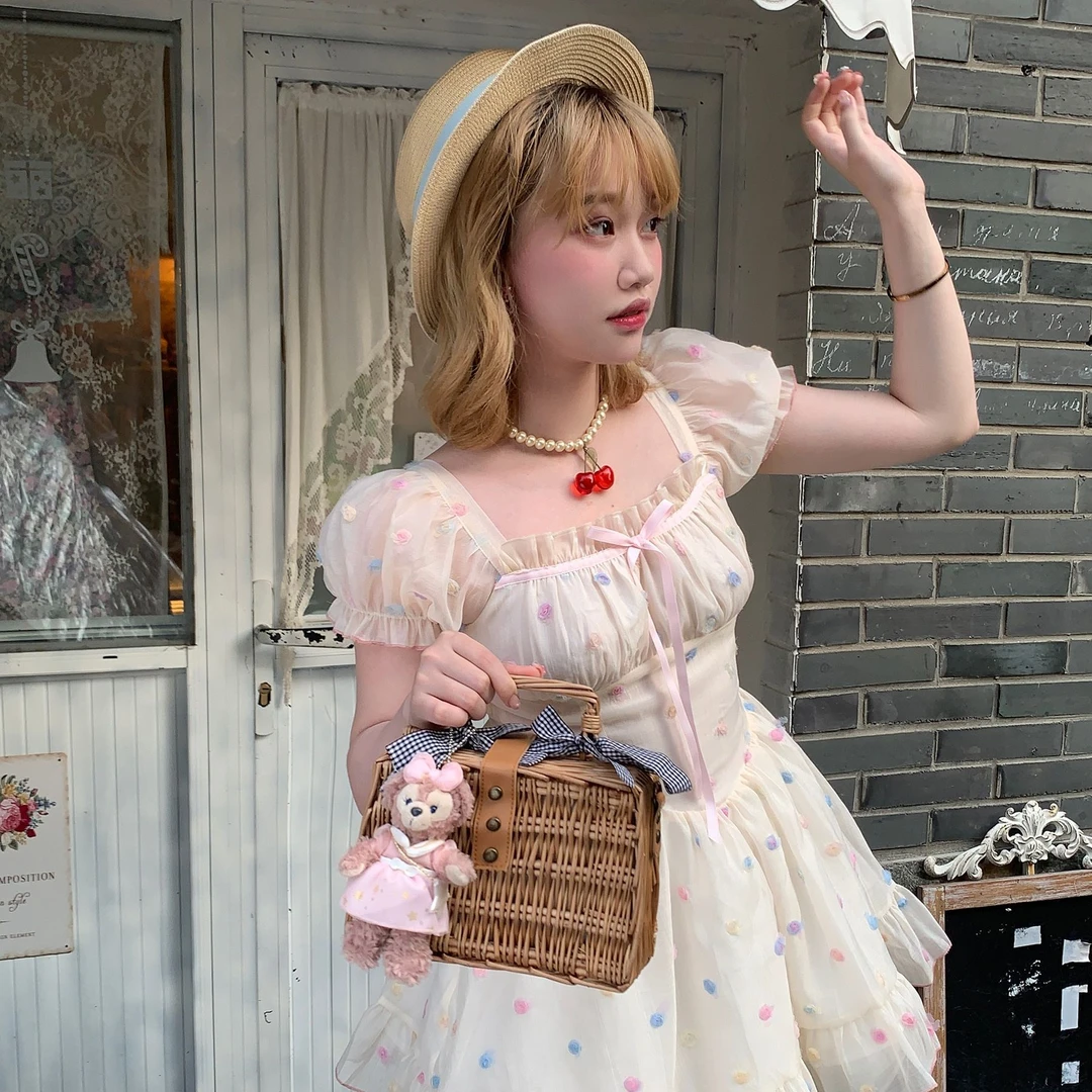 森女系原创 彩棉泡泡 可爱少女彩色立体小圆点短袖连衣裙