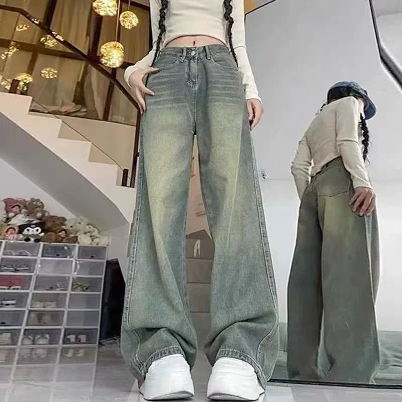 美式高街牛仔裤女2025秋季新款高腰显瘦百搭宽松复古拖地阔腿裤子