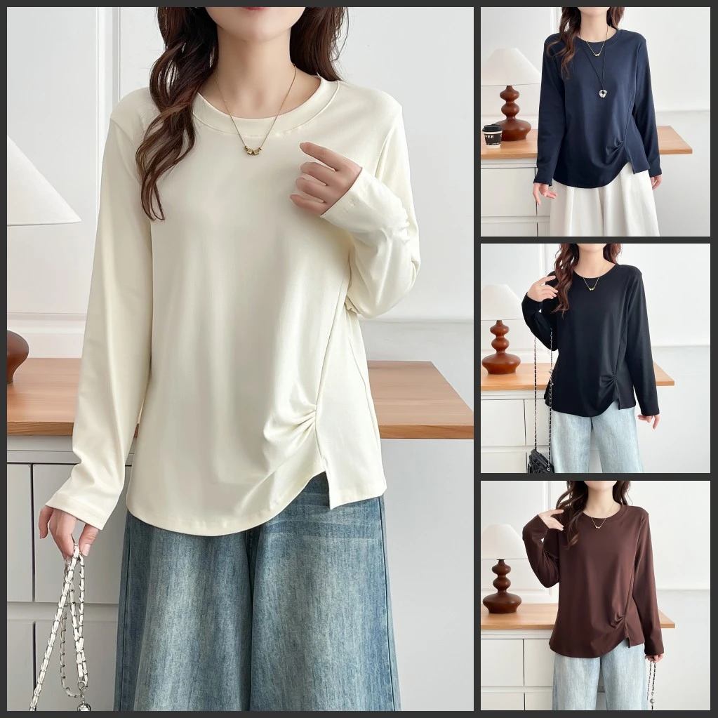 梦冬佳--110-190斤大码女装秋装新款圆领正肩不规则显瘦长袖T恤衫