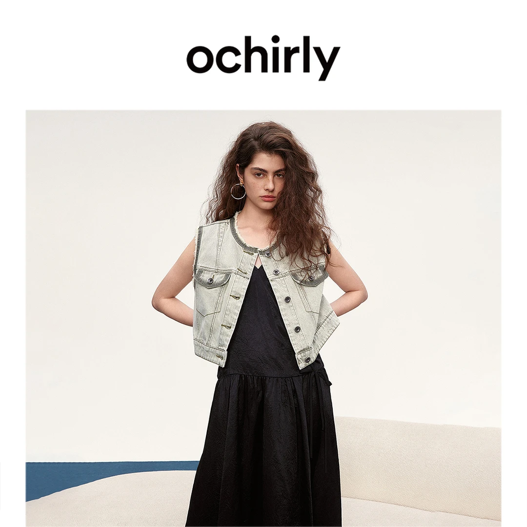 OCHIRLY欧时力 撞色牛仔马甲外套女短上衣小个子时尚2025春季新品